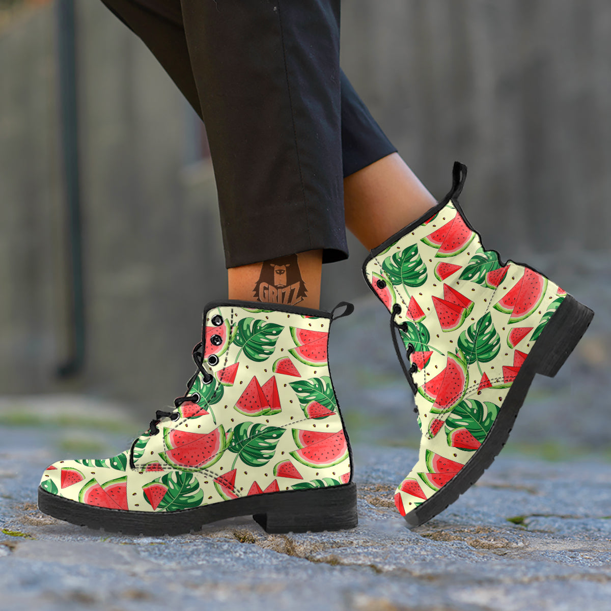 Watermelon Leaf Tropical Print Pattern Leather Boots-grizzshop