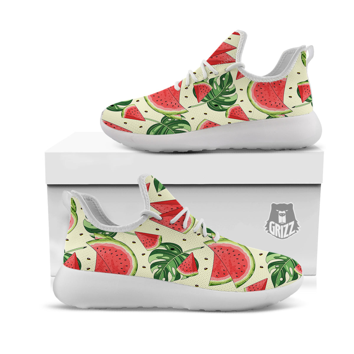 Watermelon Leaf Tropical Print Pattern White Athletic Shoes-grizzshop