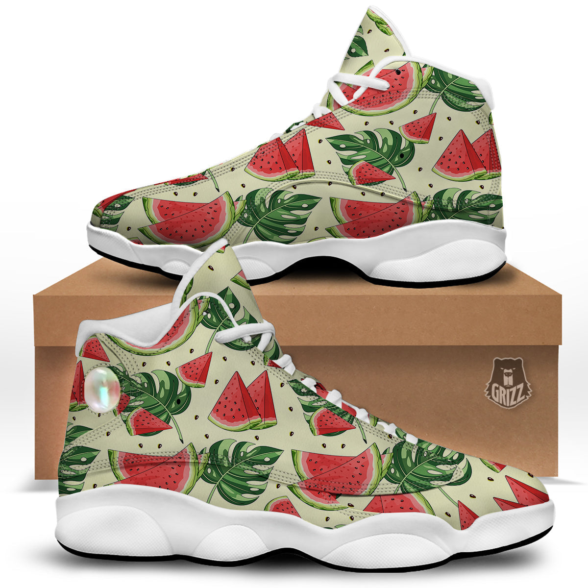 Watermelon Leaf Tropical Print Pattern White Basketball Shoes-grizzshop