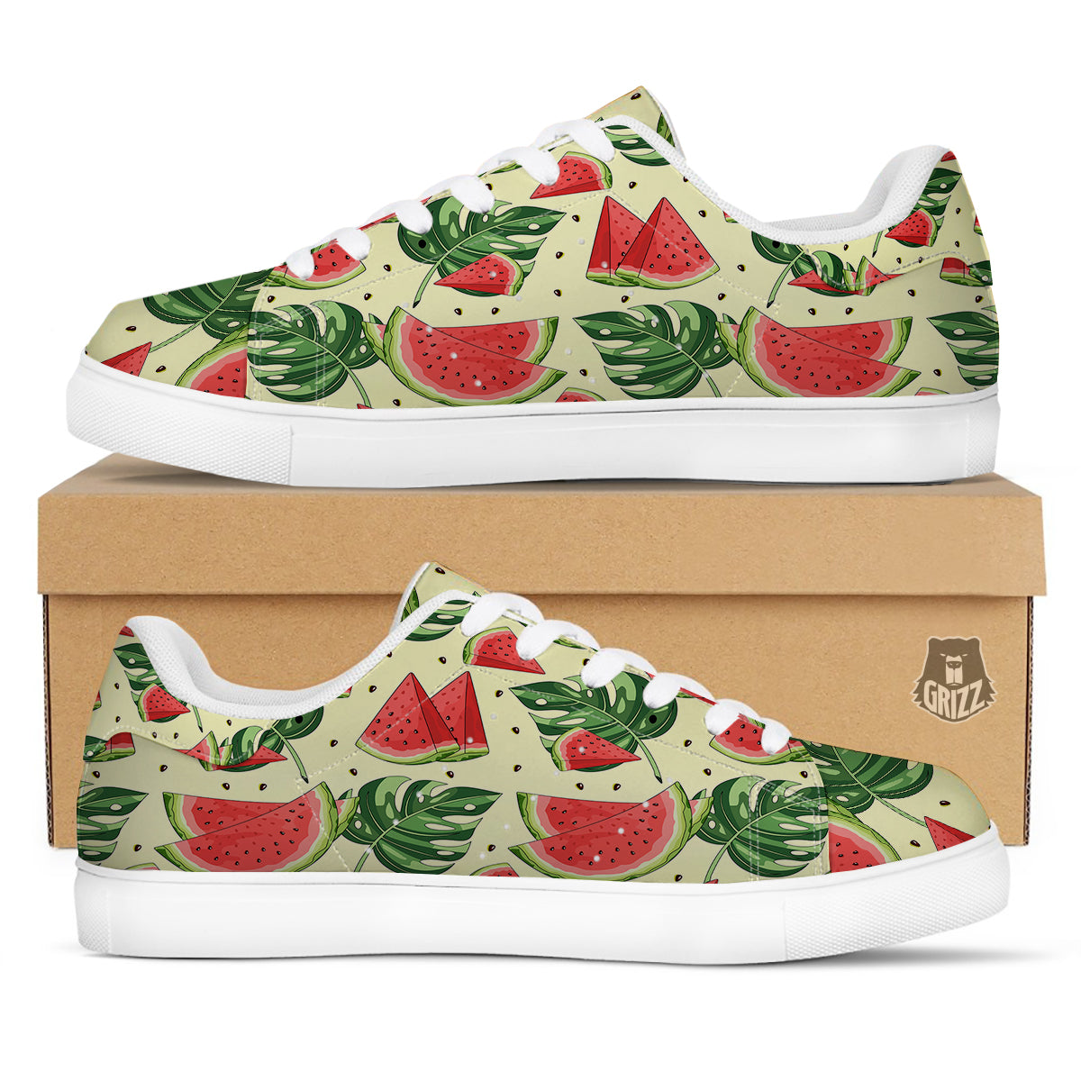Watermelon Leaf Tropical Print Pattern White Low Top Sneakers-grizzshop