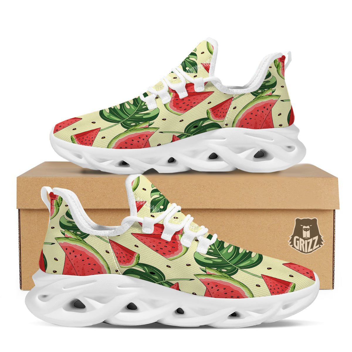 Watermelon Leaf Tropical Print Pattern White Running Shoes-grizzshop