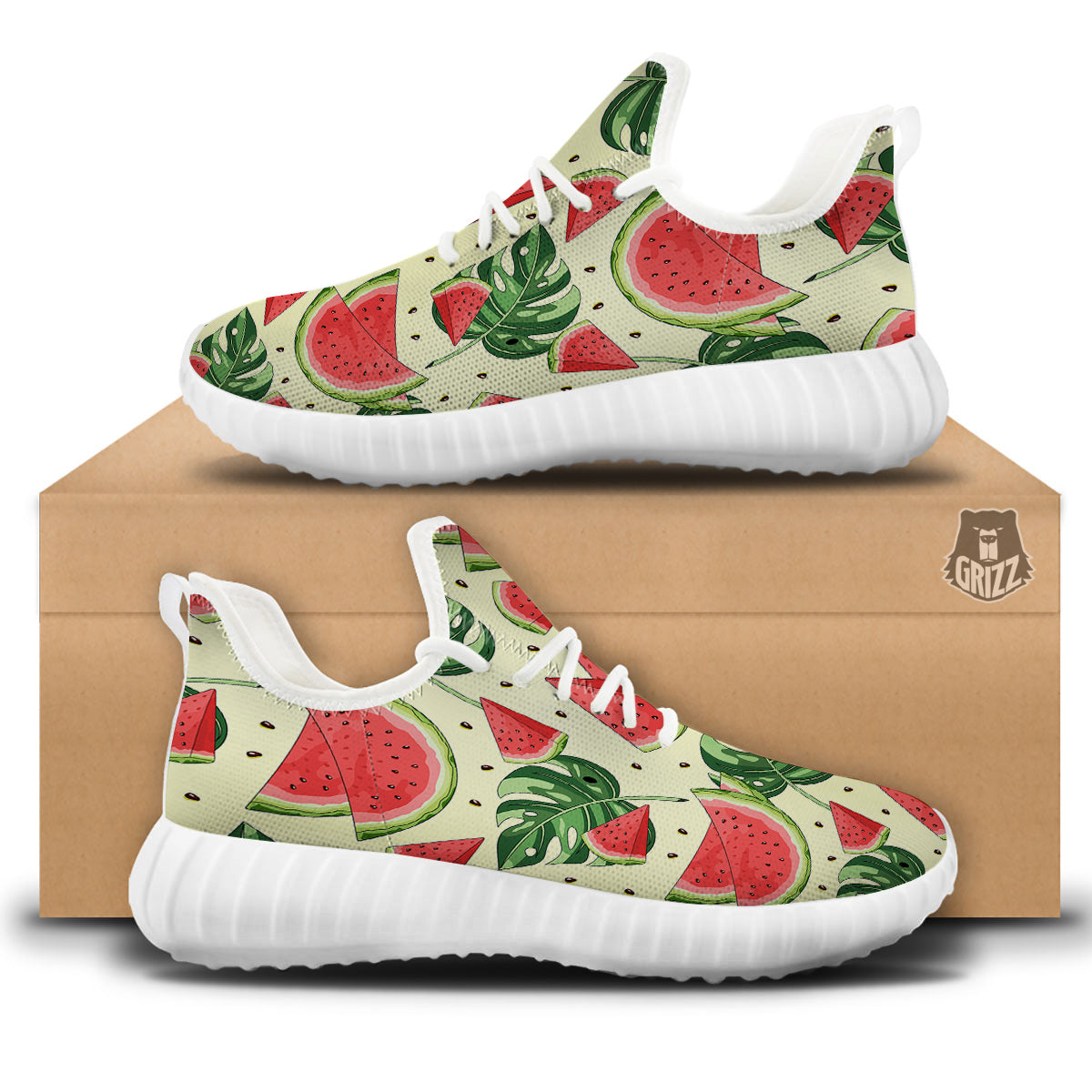 Watermelon Leaf Tropical Print Pattern White Walking Shoes-grizzshop