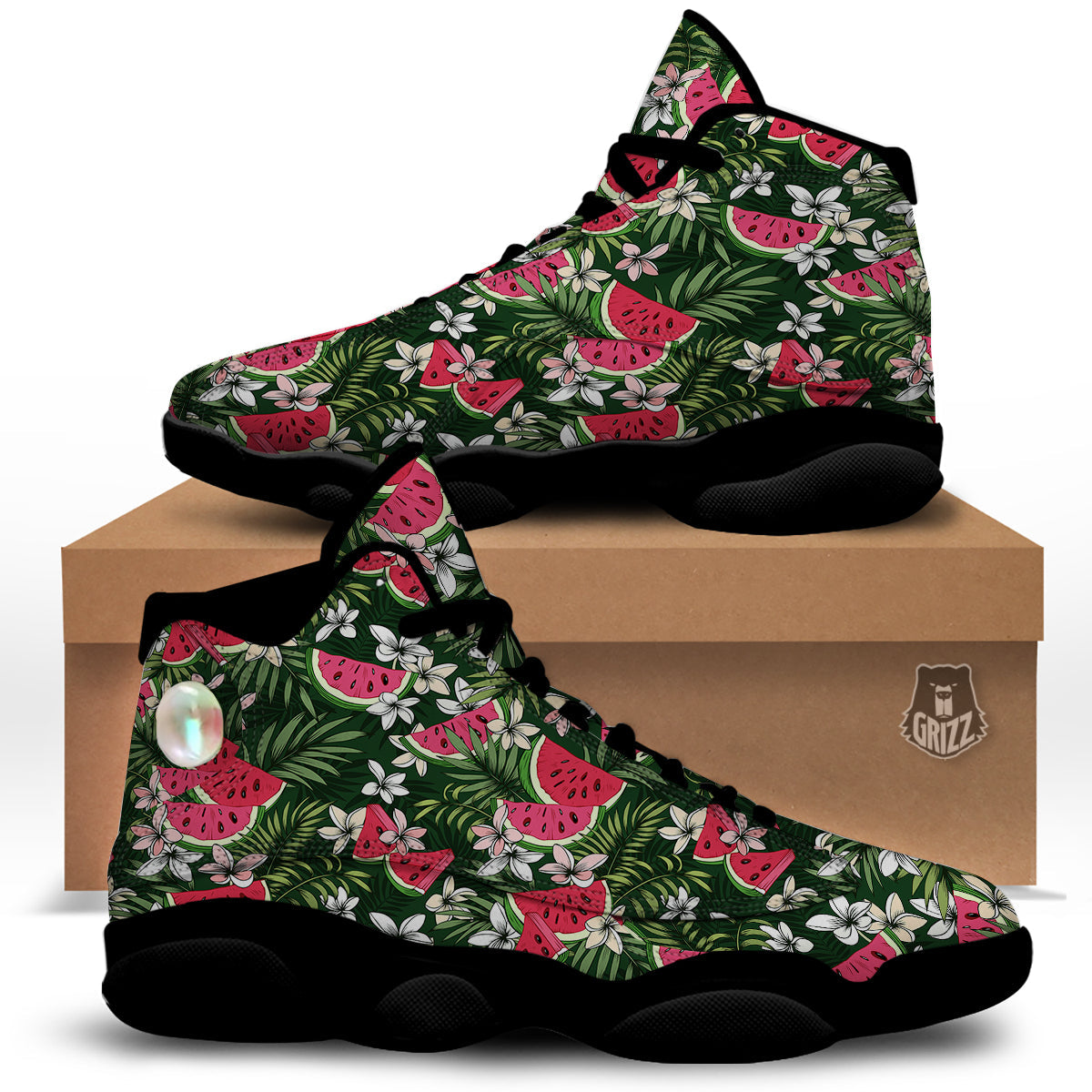 Watermelon Leaves Tropical Print Pattern Black Basketball Shoes-grizzshop