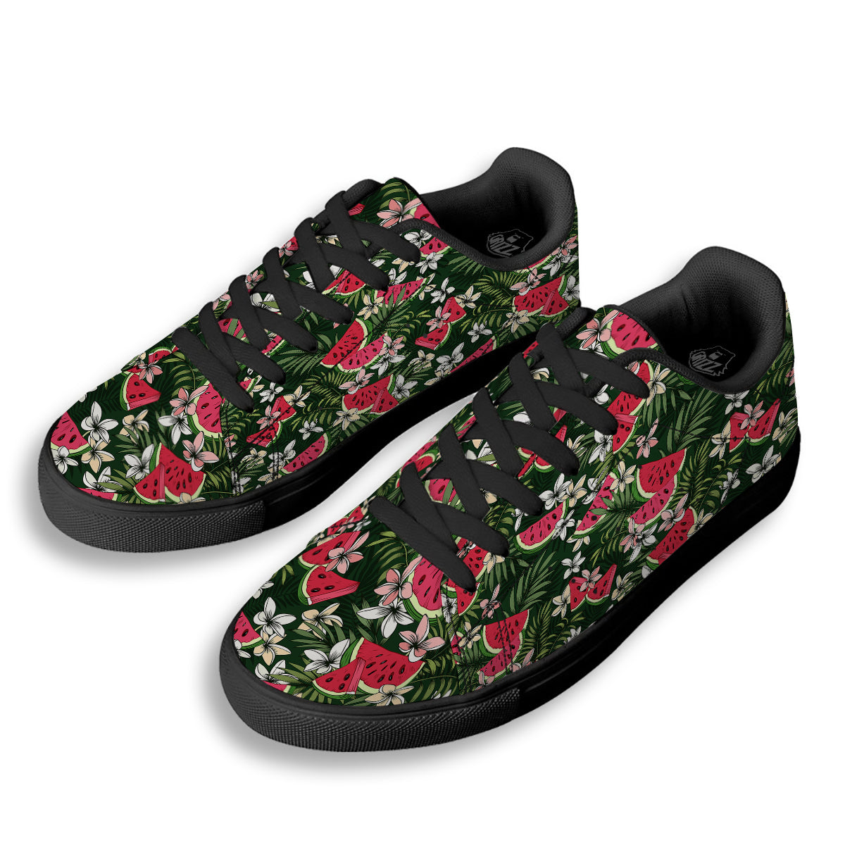 Watermelon Leaves Tropical Print Pattern Black Low Top Sneakers-grizzshop