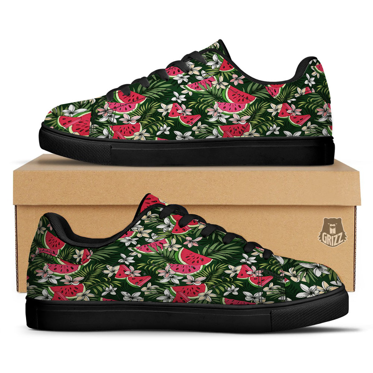 Watermelon Leaves Tropical Print Pattern Black Low Top Sneakers-grizzshop
