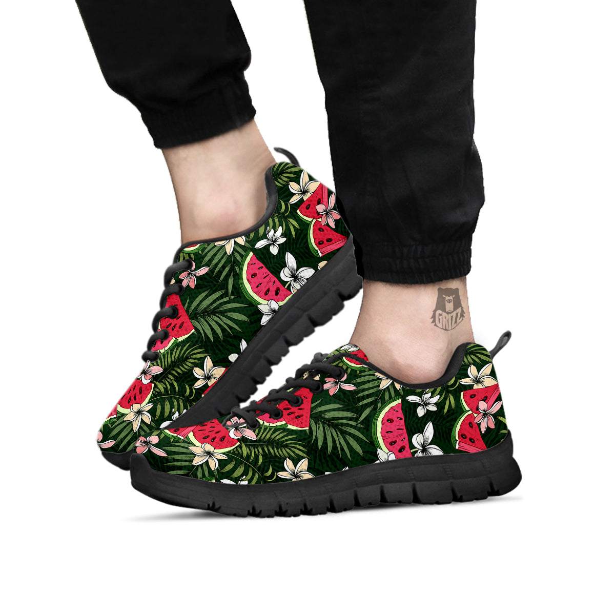 Watermelon Leaves Tropical Print Pattern Black Sneaker-grizzshop