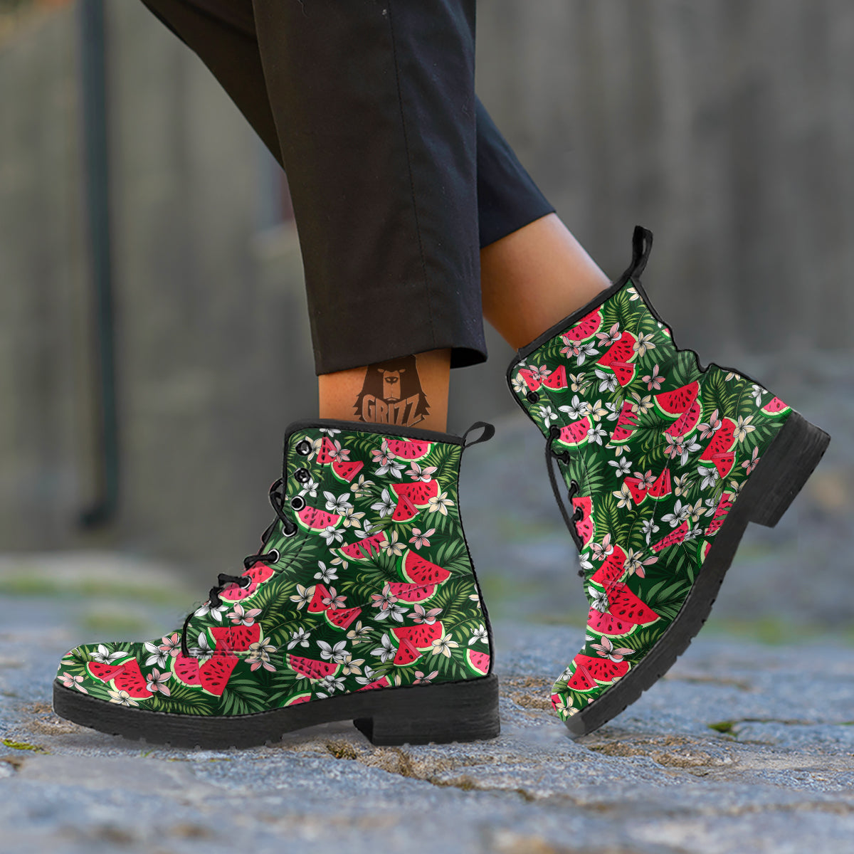 Watermelon Leaves Tropical Print Pattern Leather Boots-grizzshop