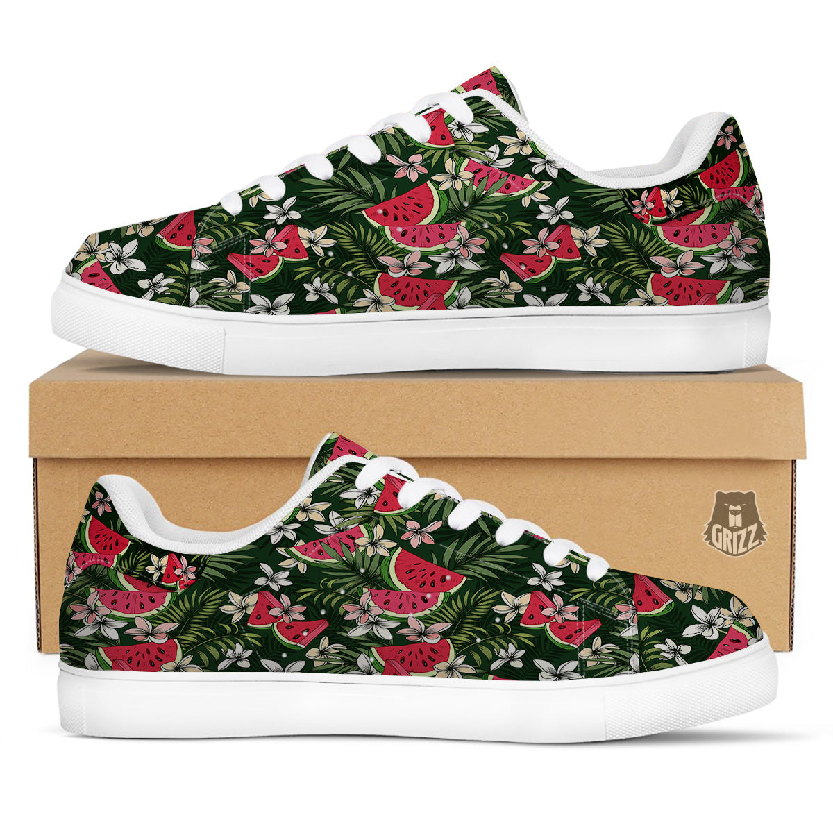 Watermelon Leaves Tropical Print Pattern White Low Top Sneakers-grizzshop