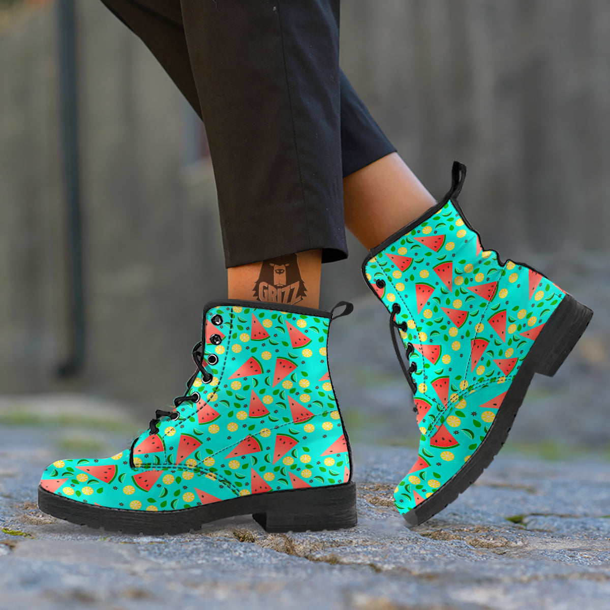 Watermelon Lime Green Print Pattern Leather Boots-grizzshop