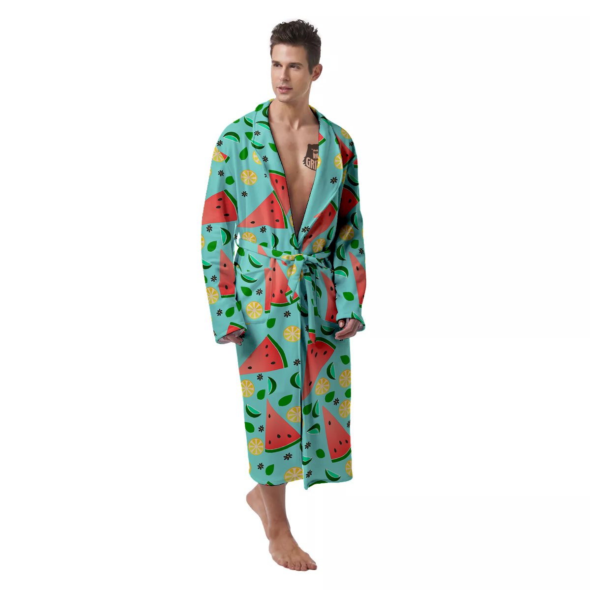 Watermelon Lime Green Print Pattern Men's Robe-grizzshop