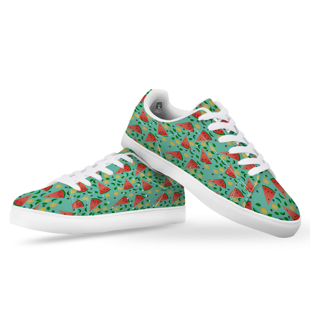 Watermelon Lime Green Print Pattern White Low Top Sneakers-grizzshop