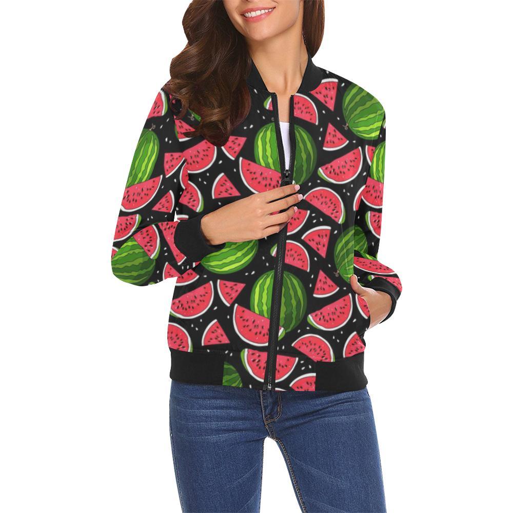 Watermelon Piece Black Pattern Print Women Casual Bomber Jacket-grizzshop