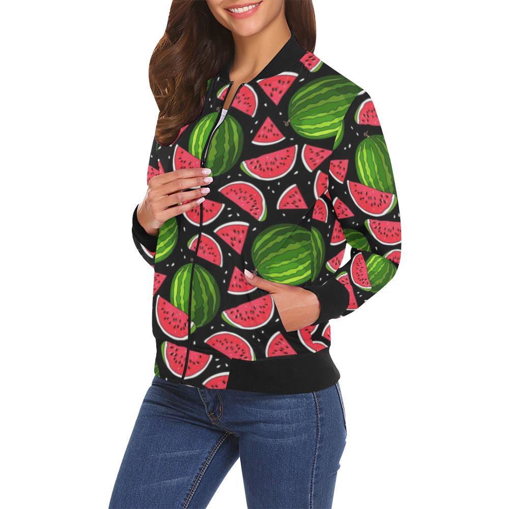 Watermelon Piece Black Pattern Print Women Casual Bomber Jacket-grizzshop