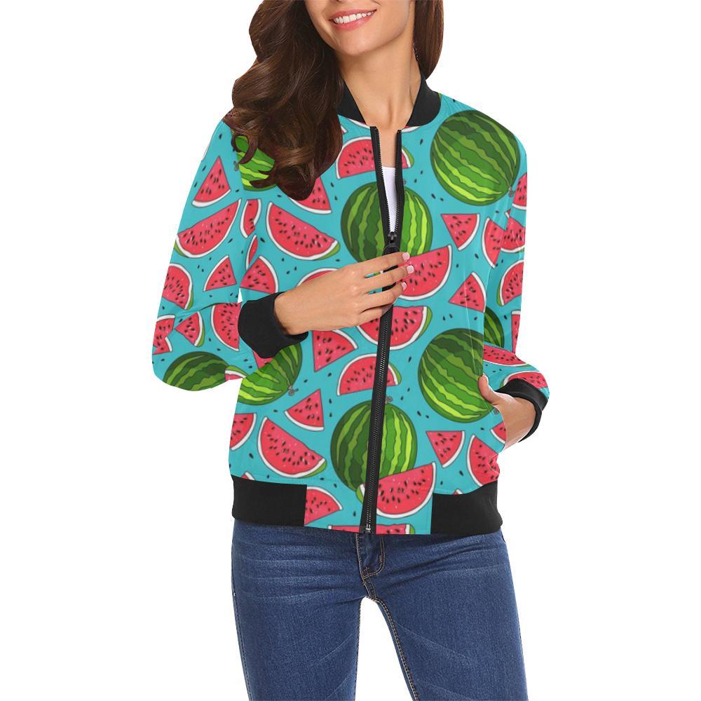 Watermelon Piece Blue Pattern Print Women Casual Bomber Jacket-grizzshop