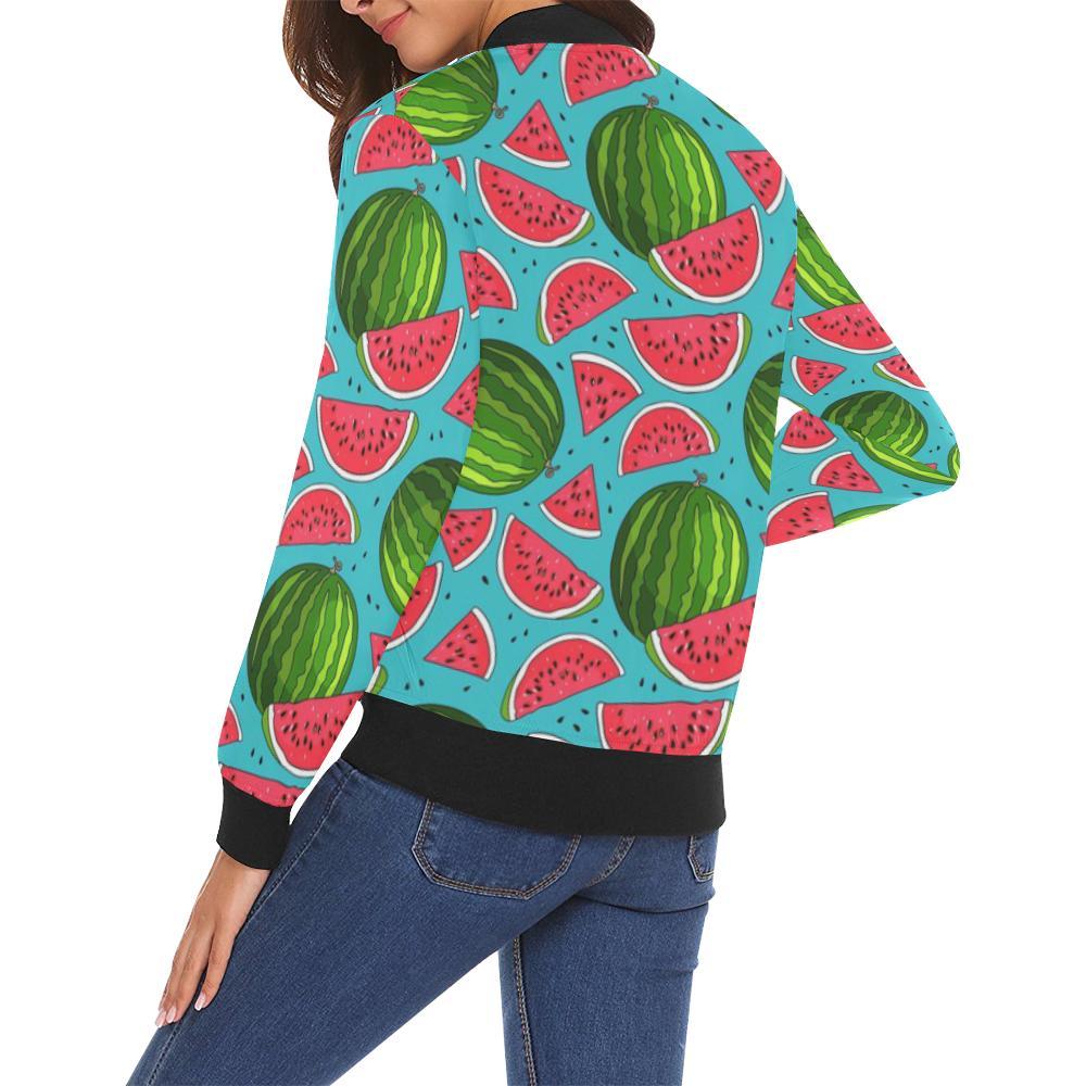 Watermelon Piece Blue Pattern Print Women Casual Bomber Jacket-grizzshop