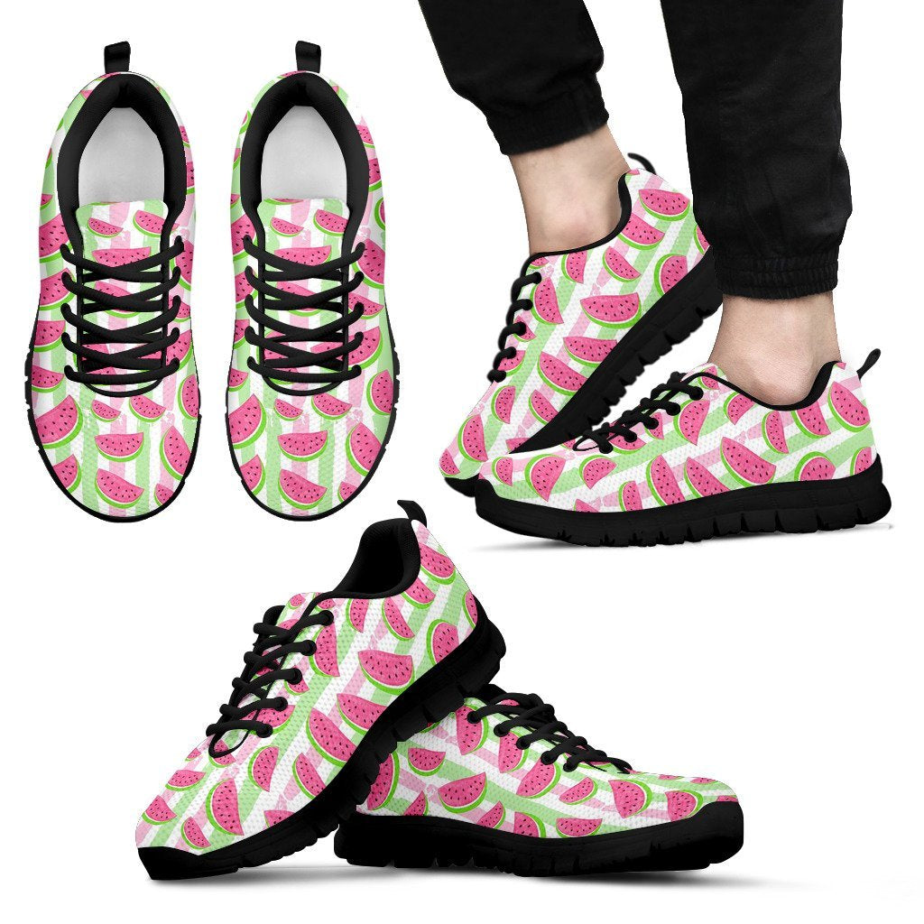 Watermelon Piece Stripe Green Pink Pattern Print Black Sneaker Shoes For Men Women-grizzshop