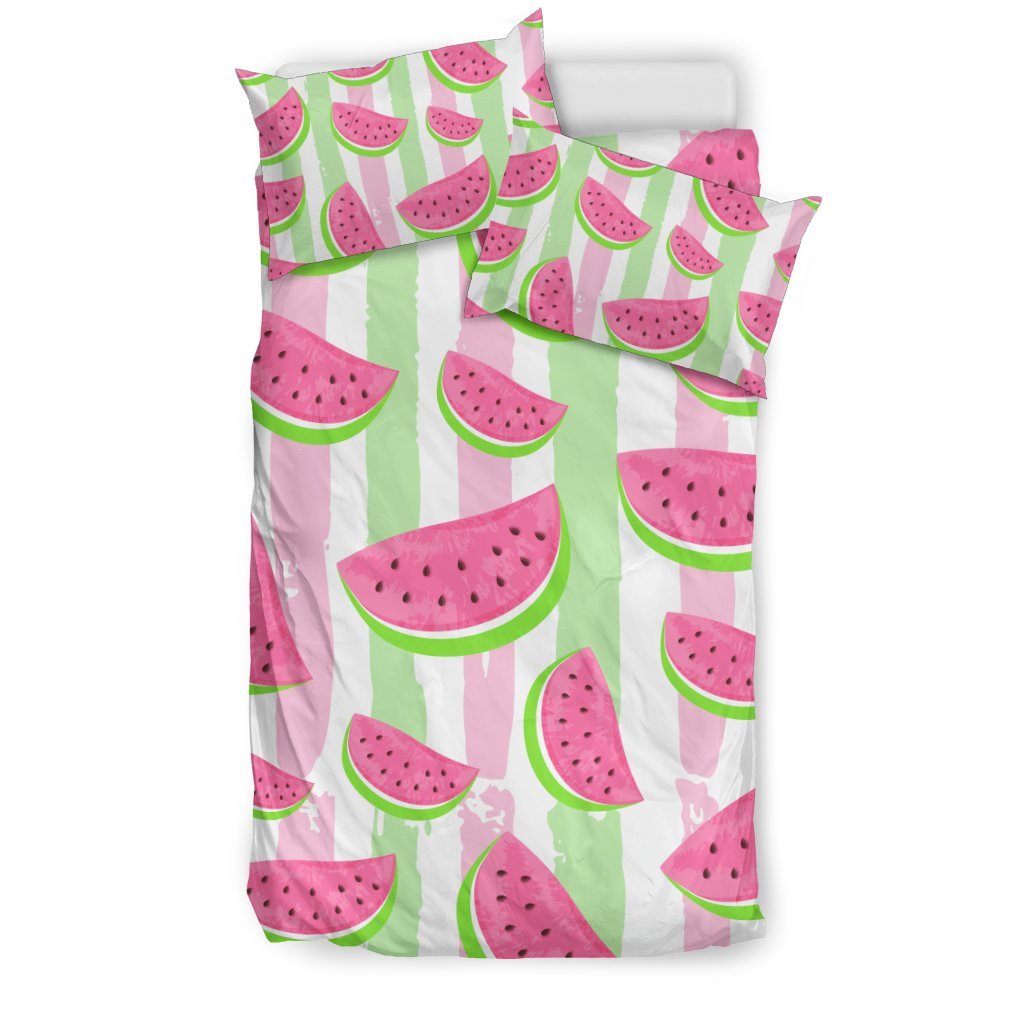 Watermelon Piece Stripe Green Pink Pattern Print Duvet Cover Bedding Set-grizzshop