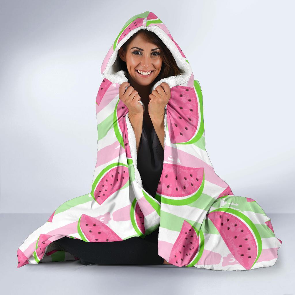 Watermelon Piece Stripe Green Pink Pattern Print Hooded Blanket-grizzshop