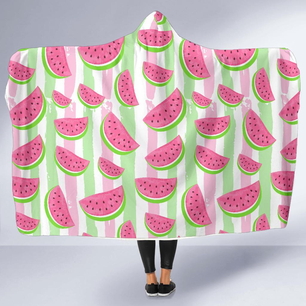 Watermelon Piece Stripe Green Pink Pattern Print Hooded Blanket-grizzshop