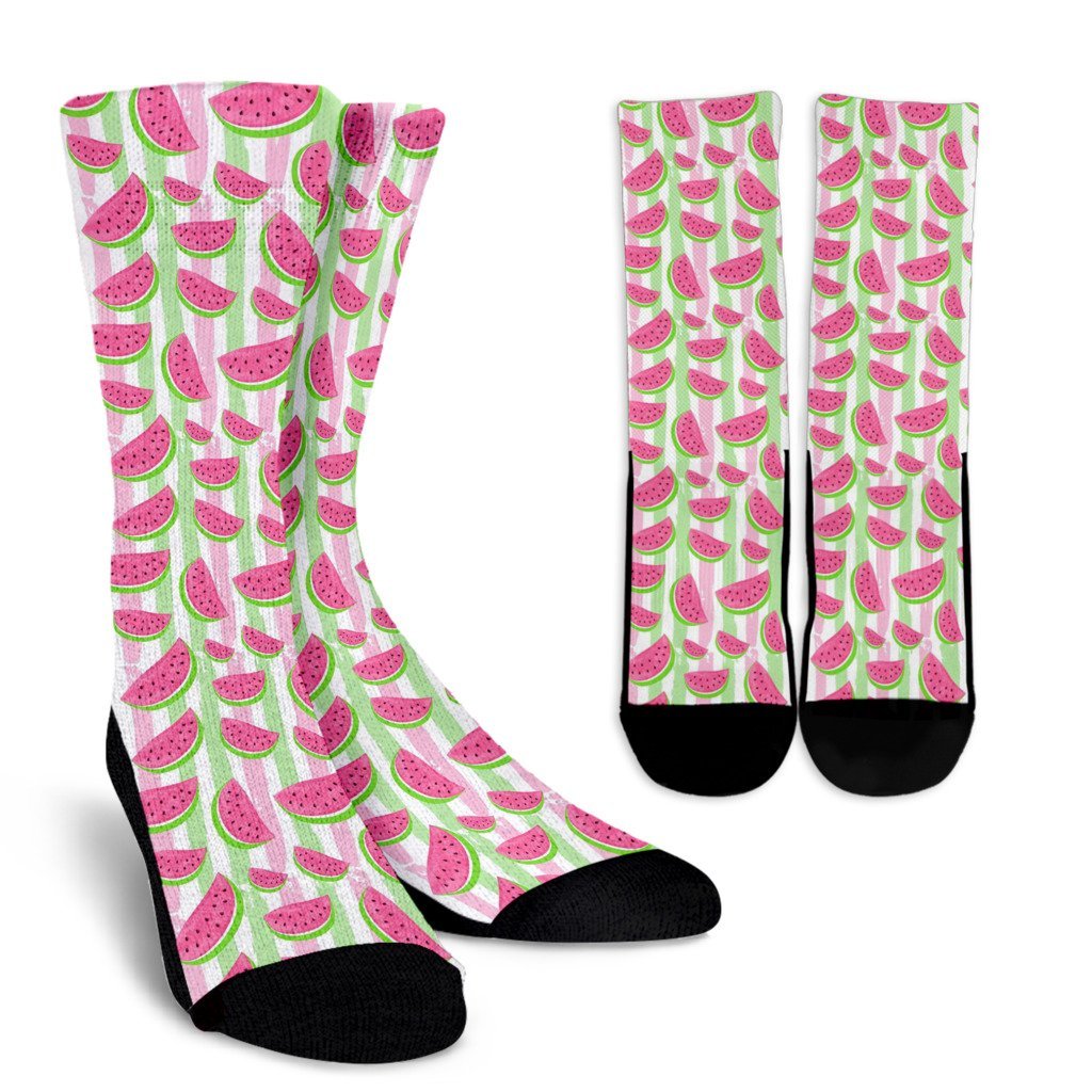 Watermelon Piece Stripe Green Pink Pattern Print Unisex Crew Socks-grizzshop