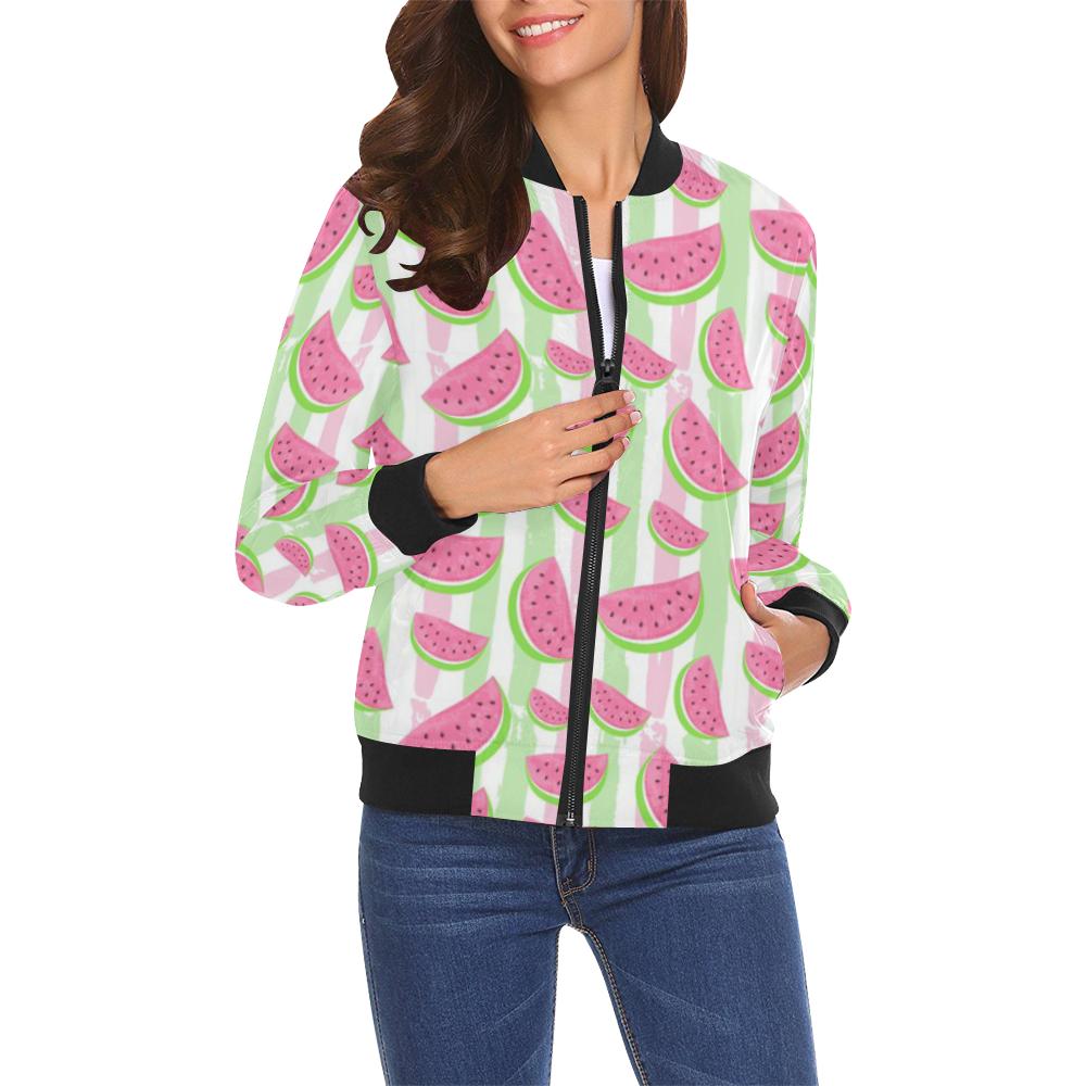 Watermelon Piece Stripe Green Pink Pattern Print Women Casual Bomber Jacket-grizzshop