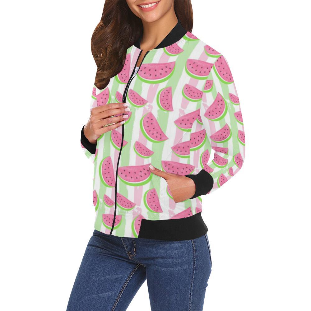 Watermelon Piece Stripe Green Pink Pattern Print Women Casual Bomber Jacket-grizzshop