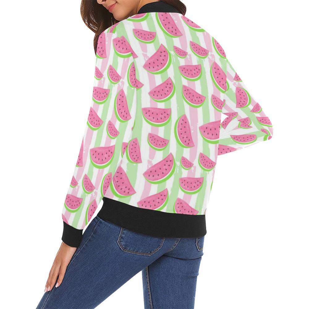 Watermelon Piece Stripe Green Pink Pattern Print Women Casual Bomber Jacket-grizzshop