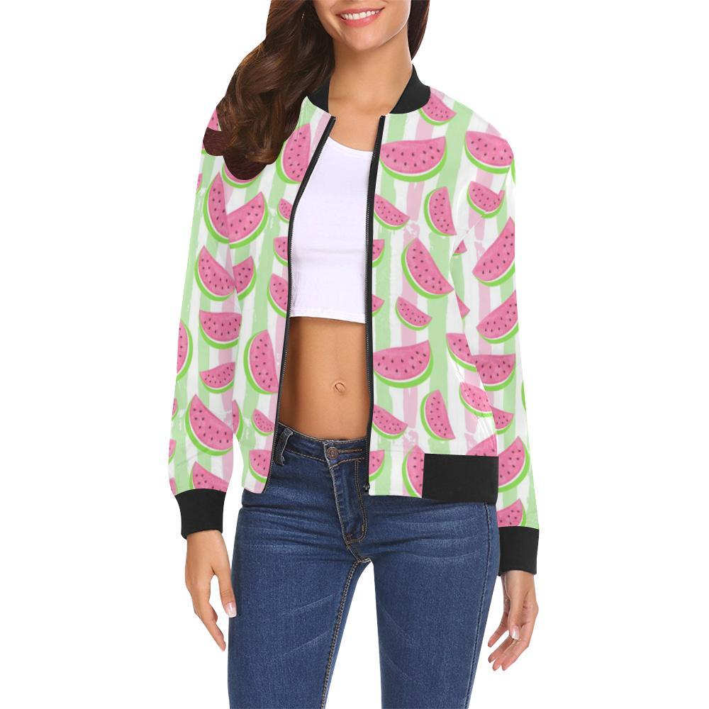 Watermelon Piece Stripe Green Pink Pattern Print Women Casual Bomber Jacket-grizzshop