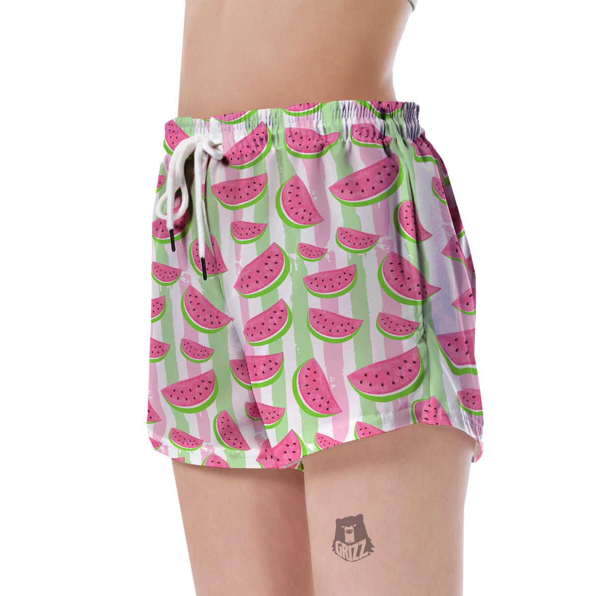Watermelon Piece Stripe Green Pink Pattern Print Women's Shorts-grizzshop