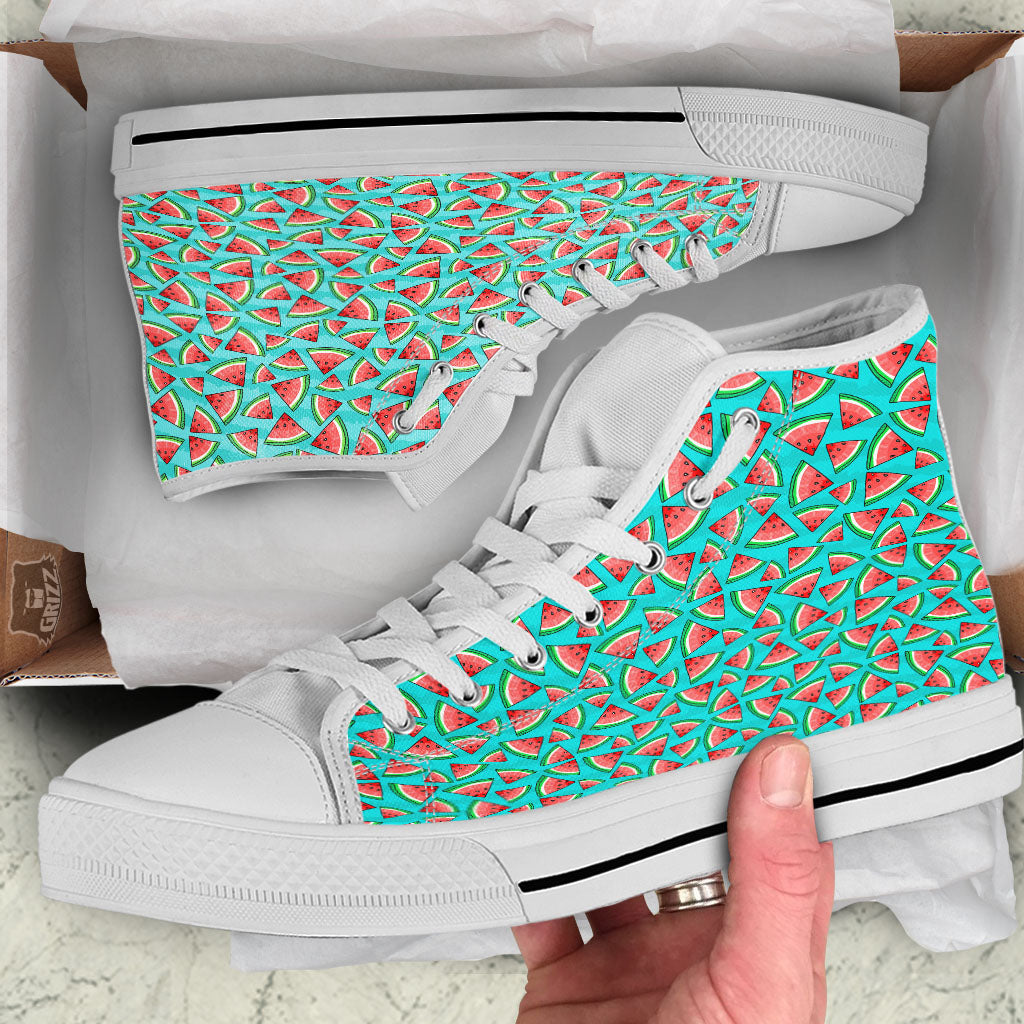 Watermelon Pieces Blue Print Pattern White High Top Shoes-grizzshop