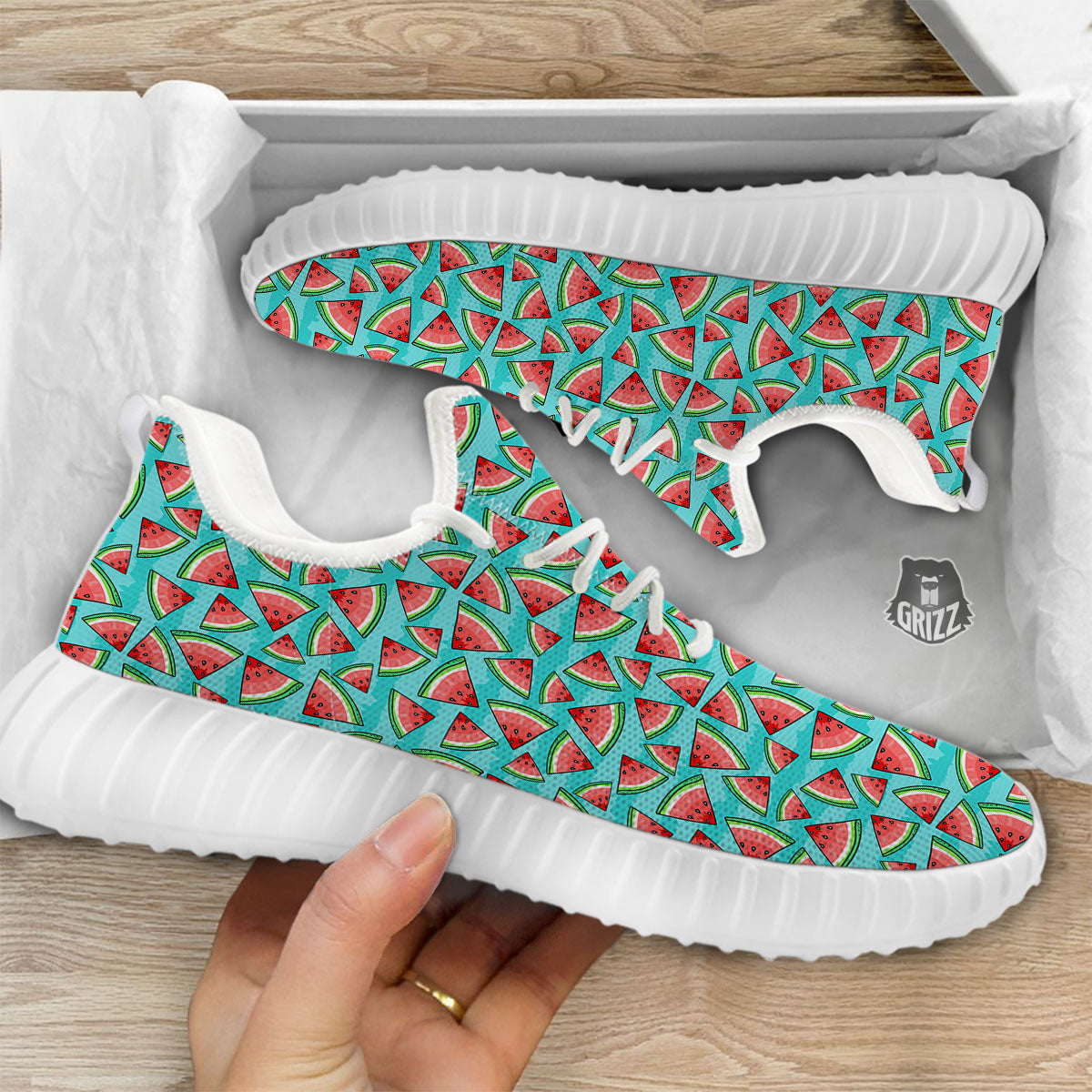 Watermelon Pieces Blue Print Pattern White Walking Shoes-grizzshop