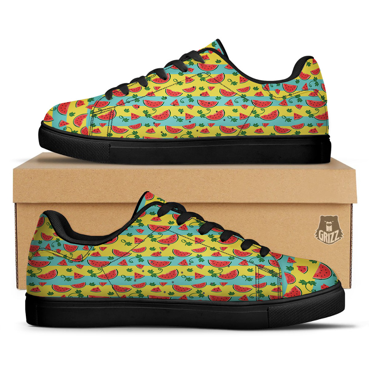 Watermelon Pieces Yellow Print Pattern Black Low Top Sneakers-grizzshop