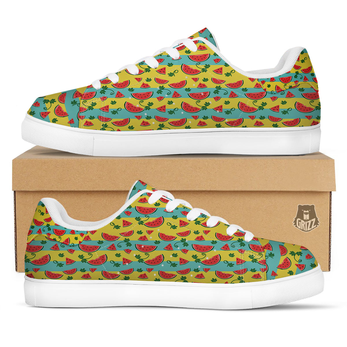 Watermelon Pieces Yellow Print Pattern White Low Top Sneakers-grizzshop