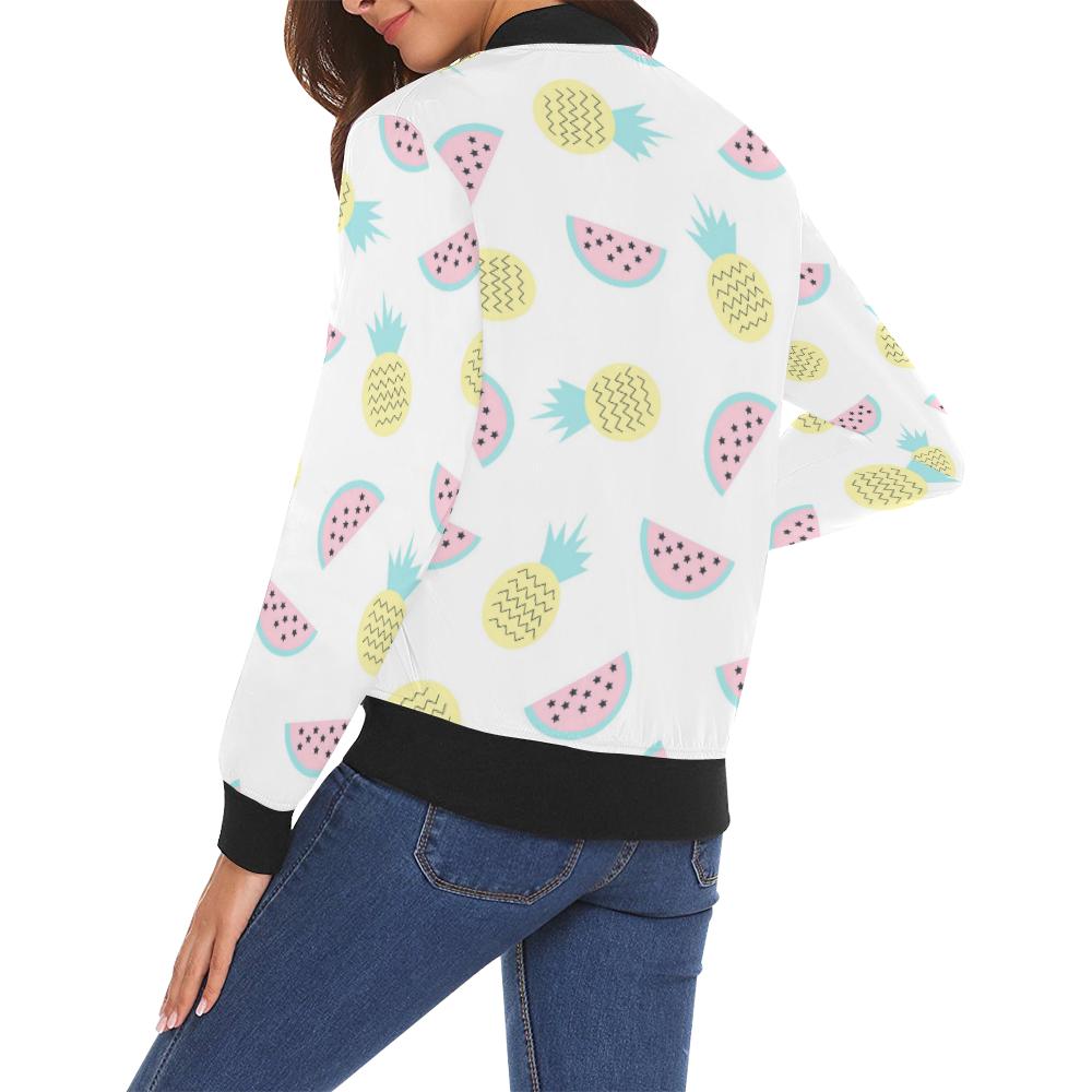 Watermelon Pineapple Piece White Pattern Print Women Casual Bomber Jacket-grizzshop