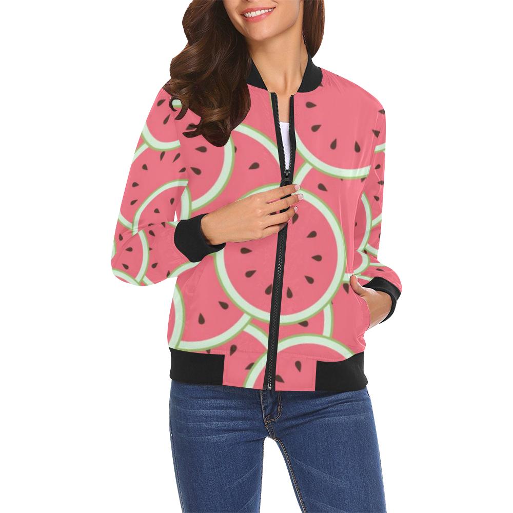 Watermelon Red Piece Pattern Print Women Casual Bomber Jacket-grizzshop