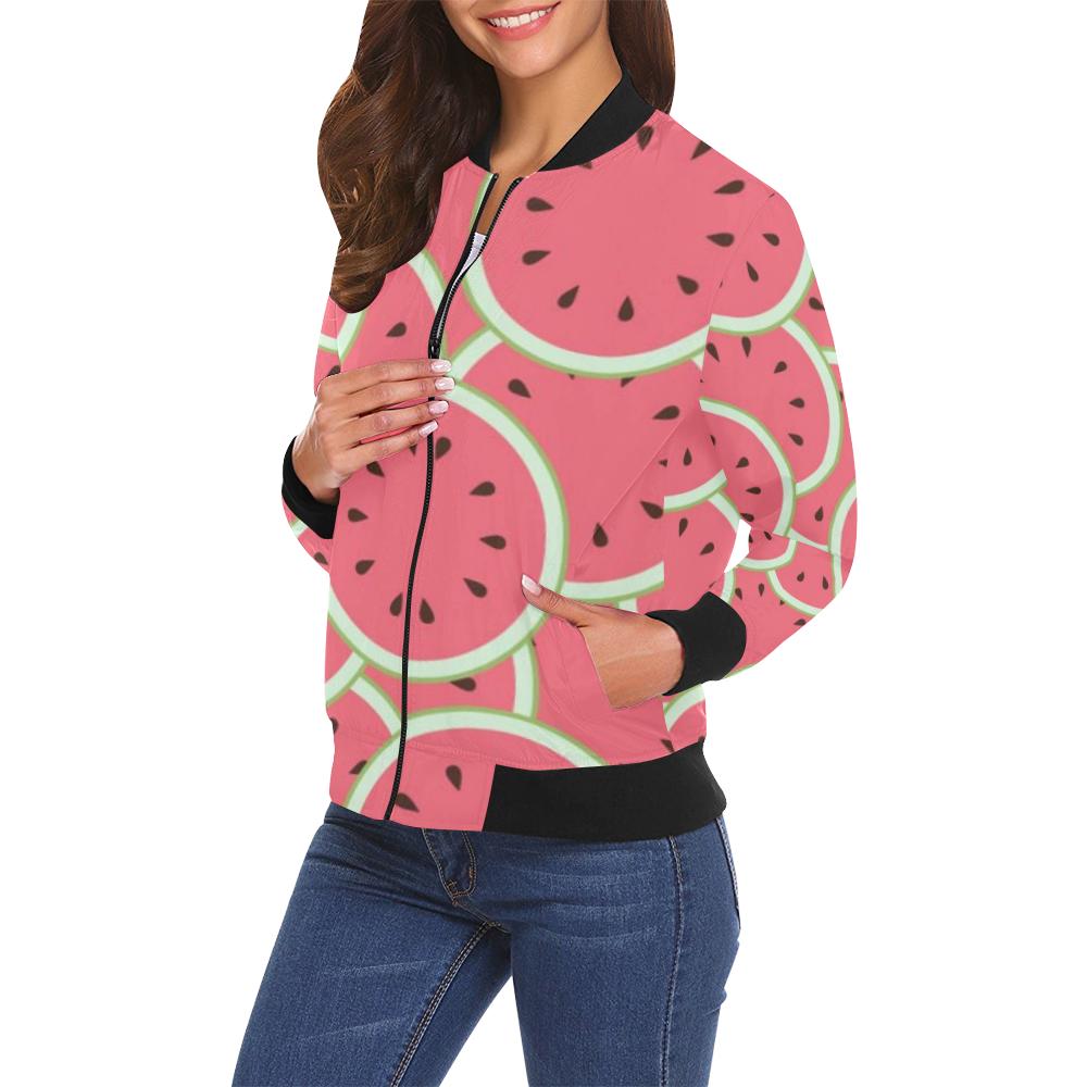 Watermelon Red Piece Pattern Print Women Casual Bomber Jacket-grizzshop