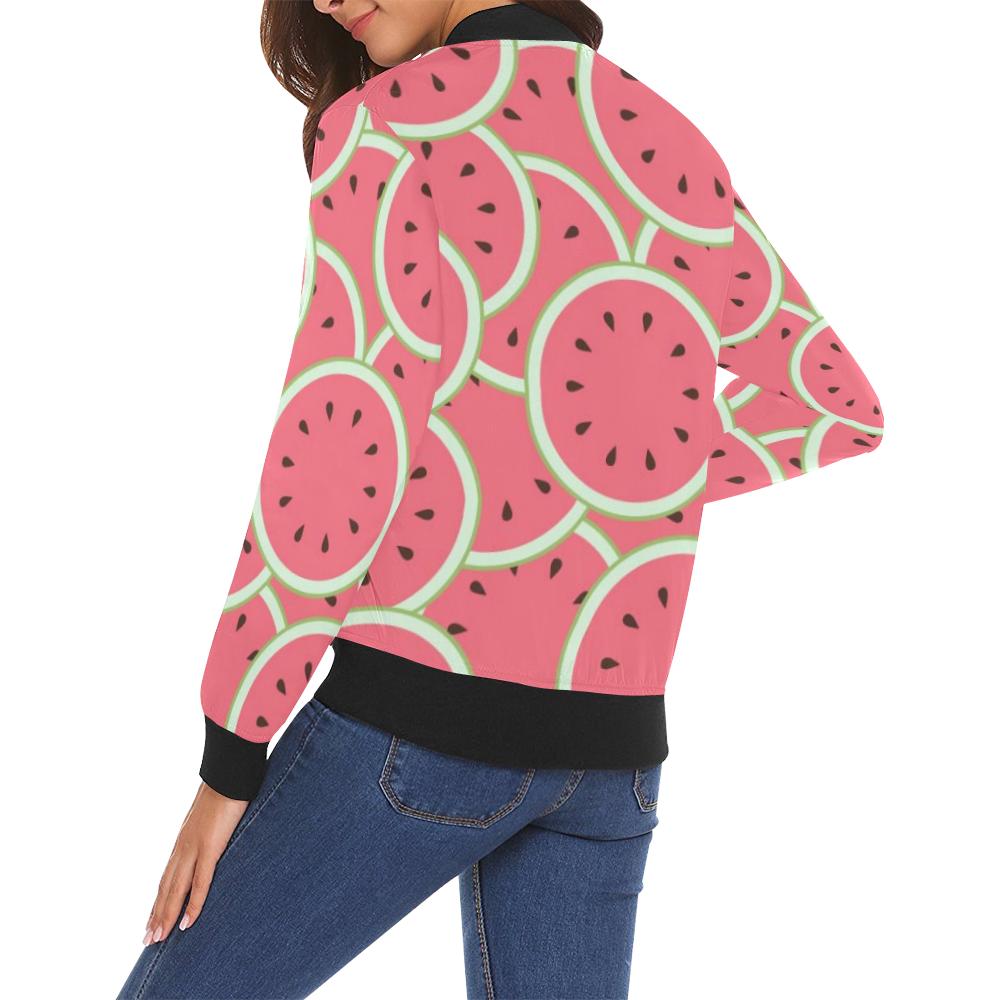 Watermelon Red Piece Pattern Print Women Casual Bomber Jacket-grizzshop