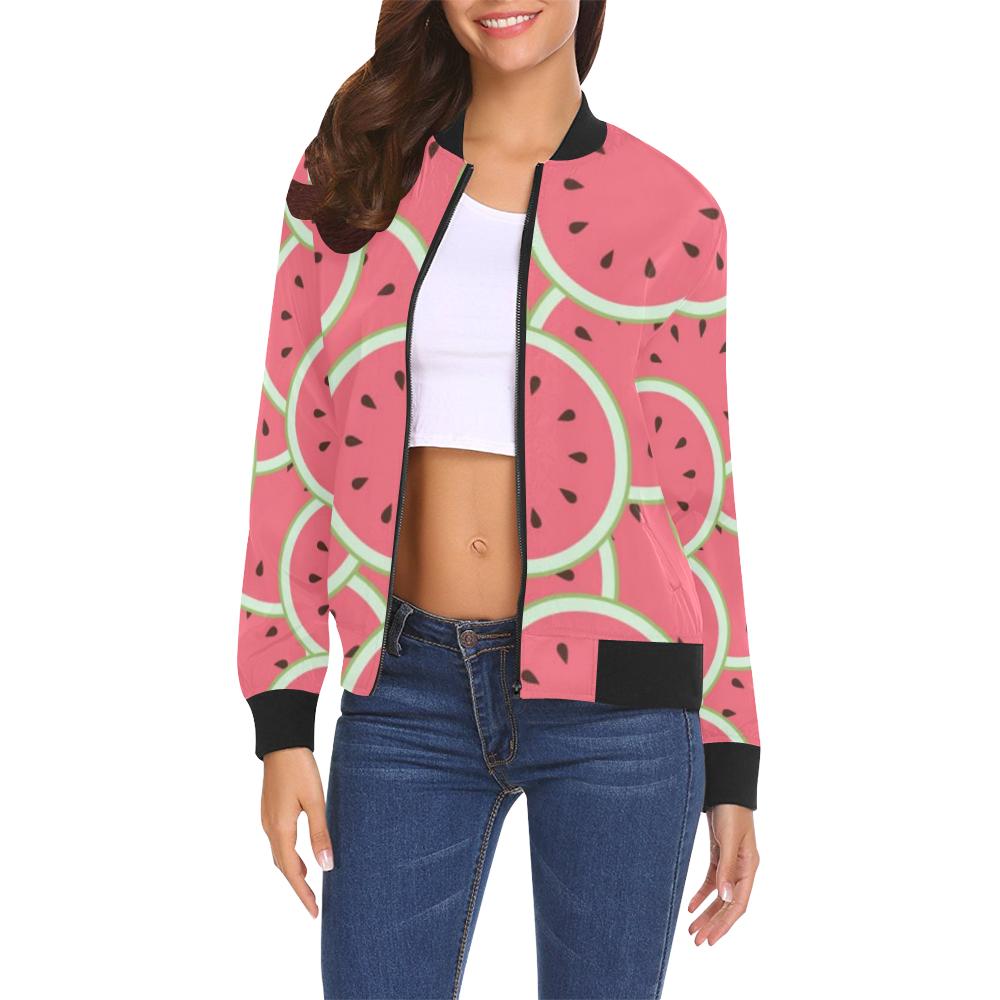 Watermelon Red Piece Pattern Print Women Casual Bomber Jacket-grizzshop