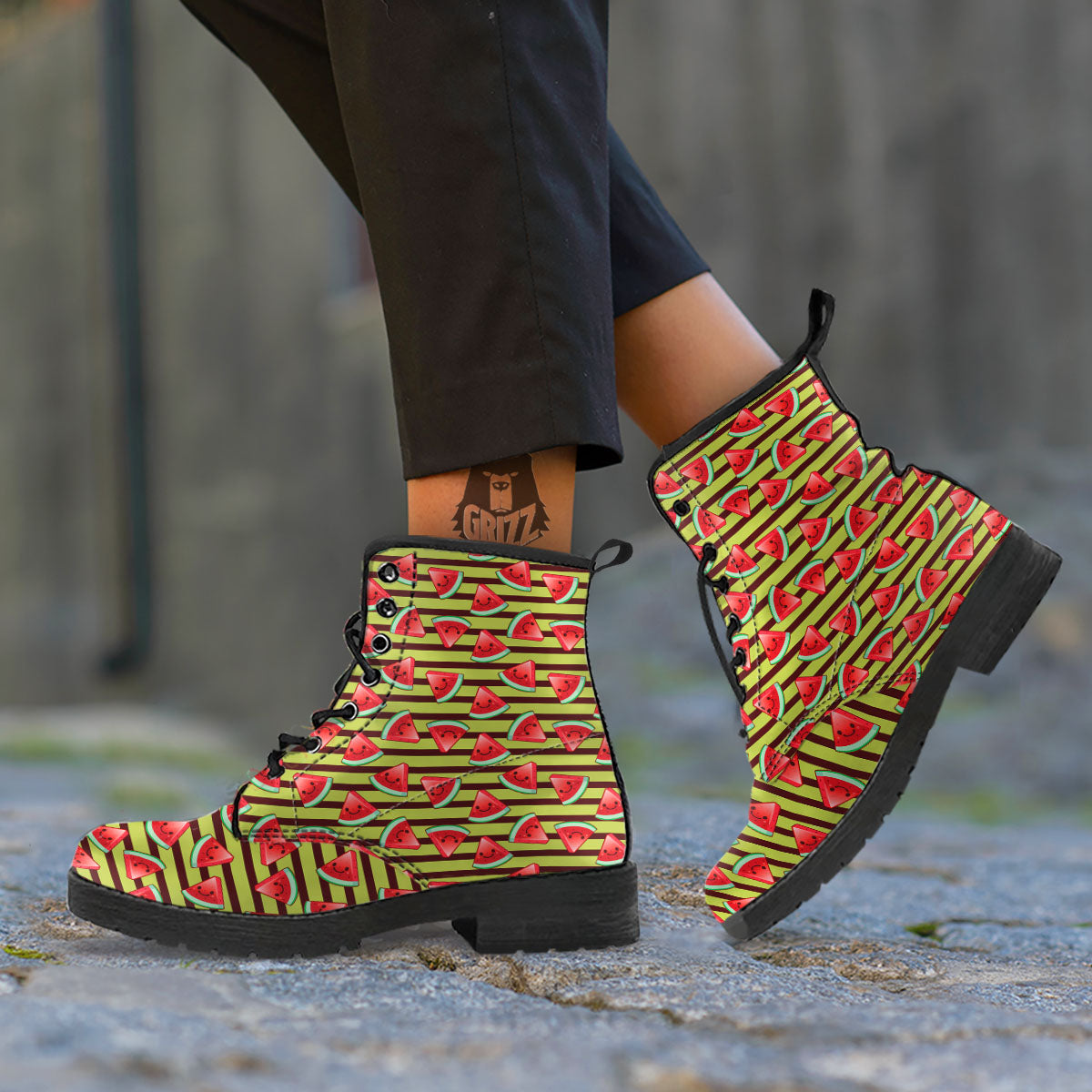 Watermelon Striped Green Print Pattern Leather Boots-grizzshop