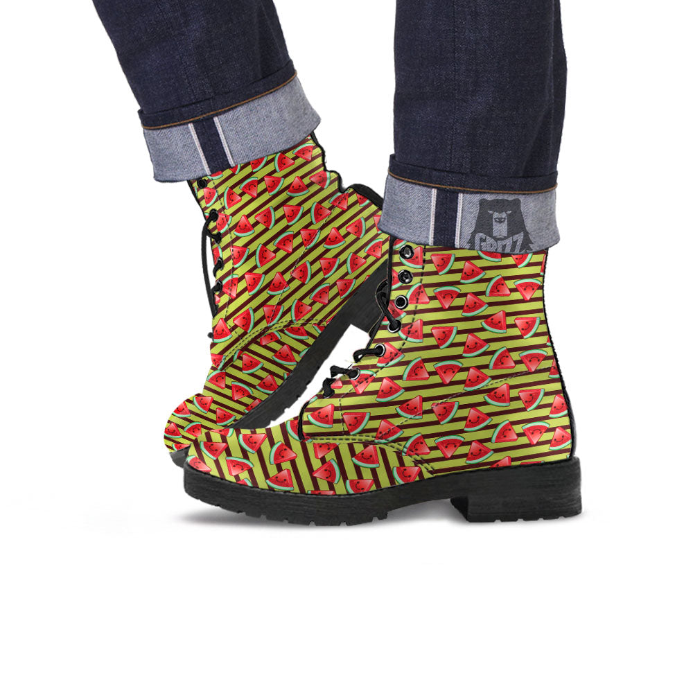 Watermelon Striped Green Print Pattern Leather Boots-grizzshop