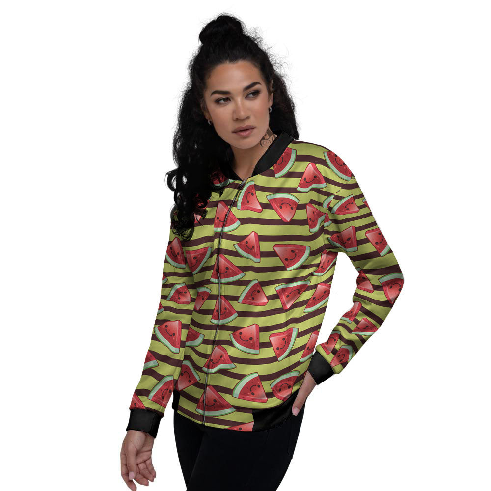 Watermelon Striped Green Print Pattern Women's Bomber Jacket-grizzshop