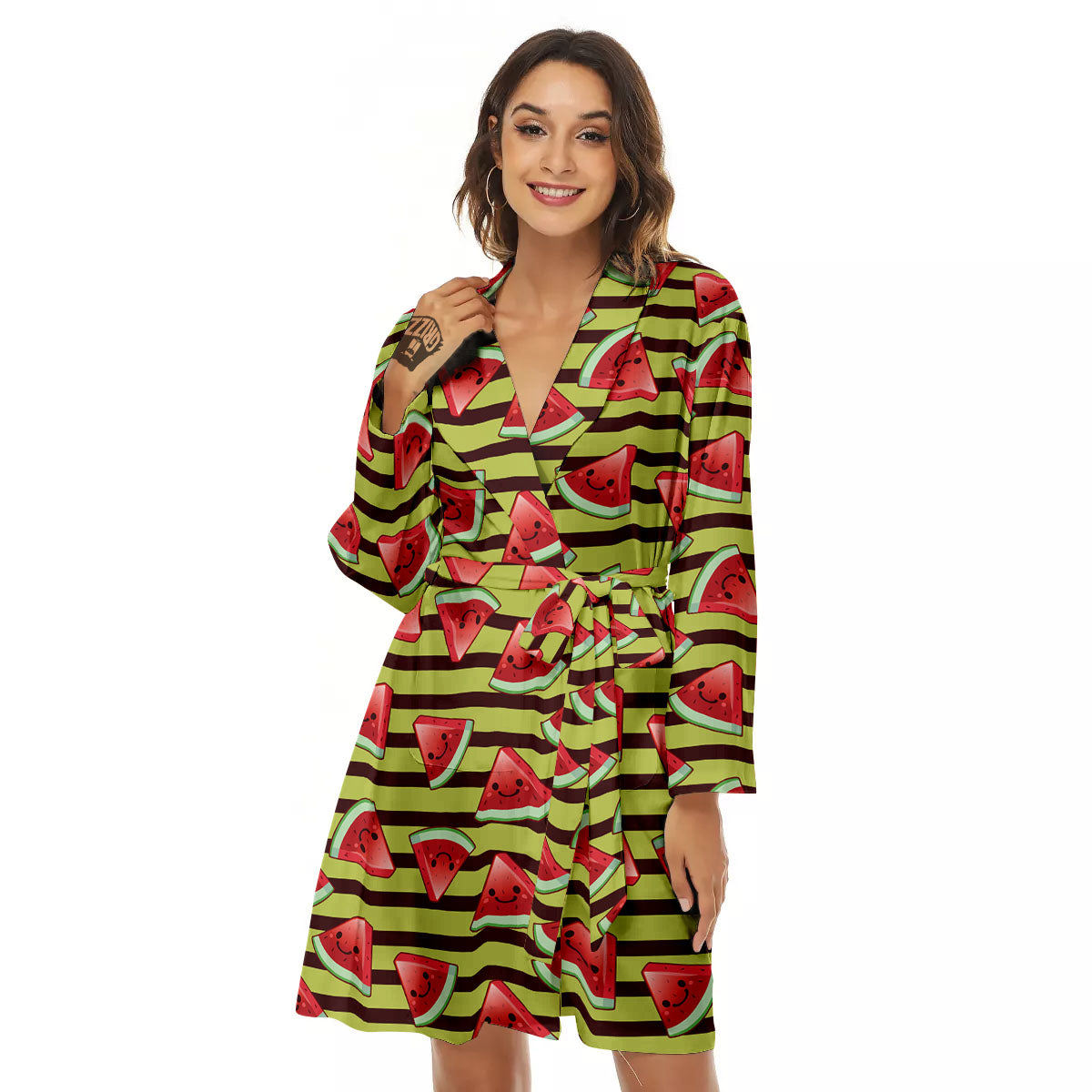 Watermelon Striped Green Print Pattern Women's Robe-grizzshop