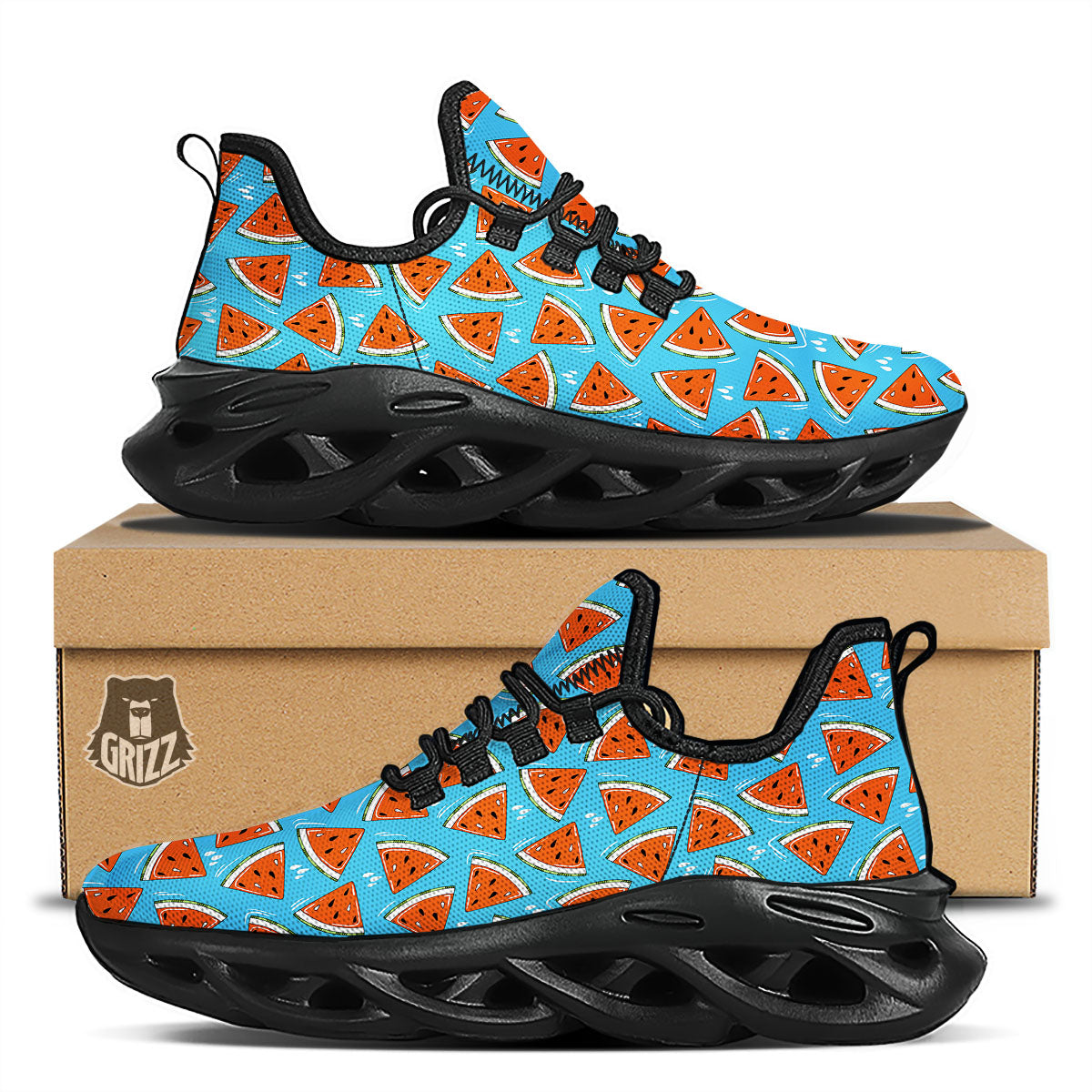Watermelon Summer Blue Print Pattern Black Running Shoes-grizzshop