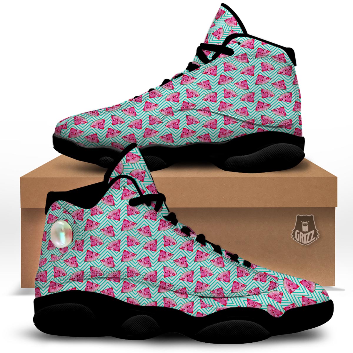 Watermelon Teal Chevron Print Pattern Black Basketball Shoes-grizzshop