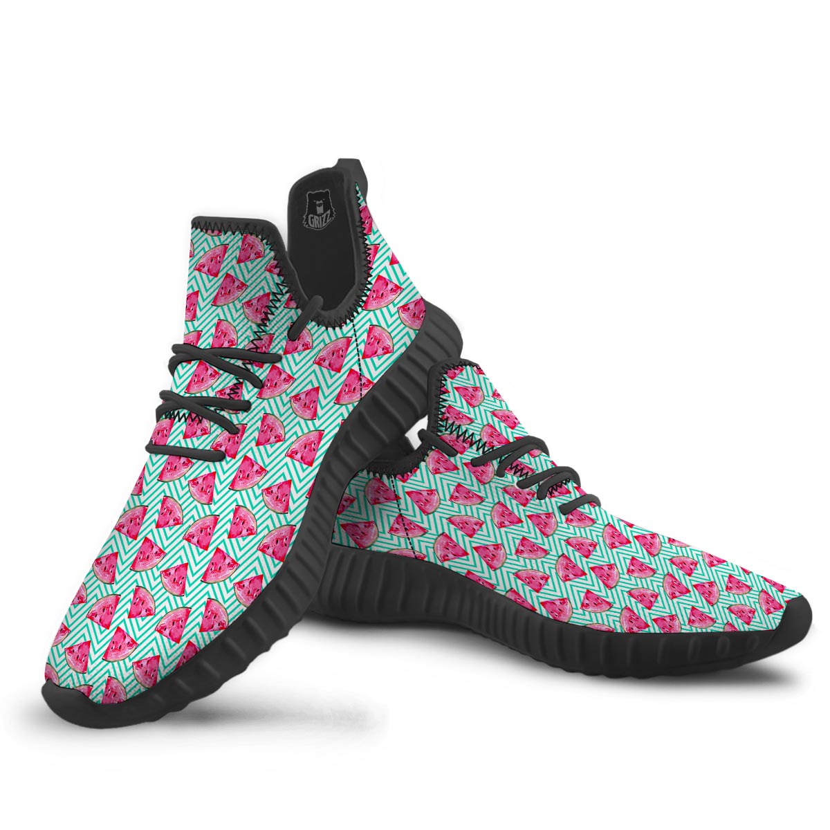 Watermelon Teal Chevron Print Pattern Black Walking Shoes-grizzshop
