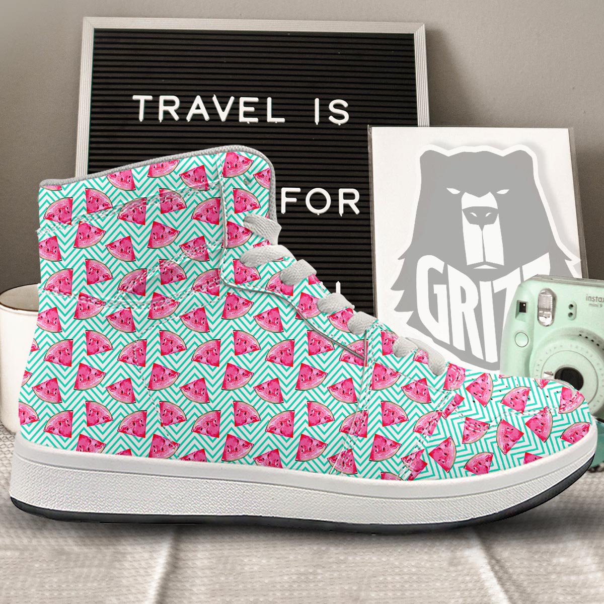 Watermelon Teal Chevron Print Pattern High Top Sneakers-grizzshop