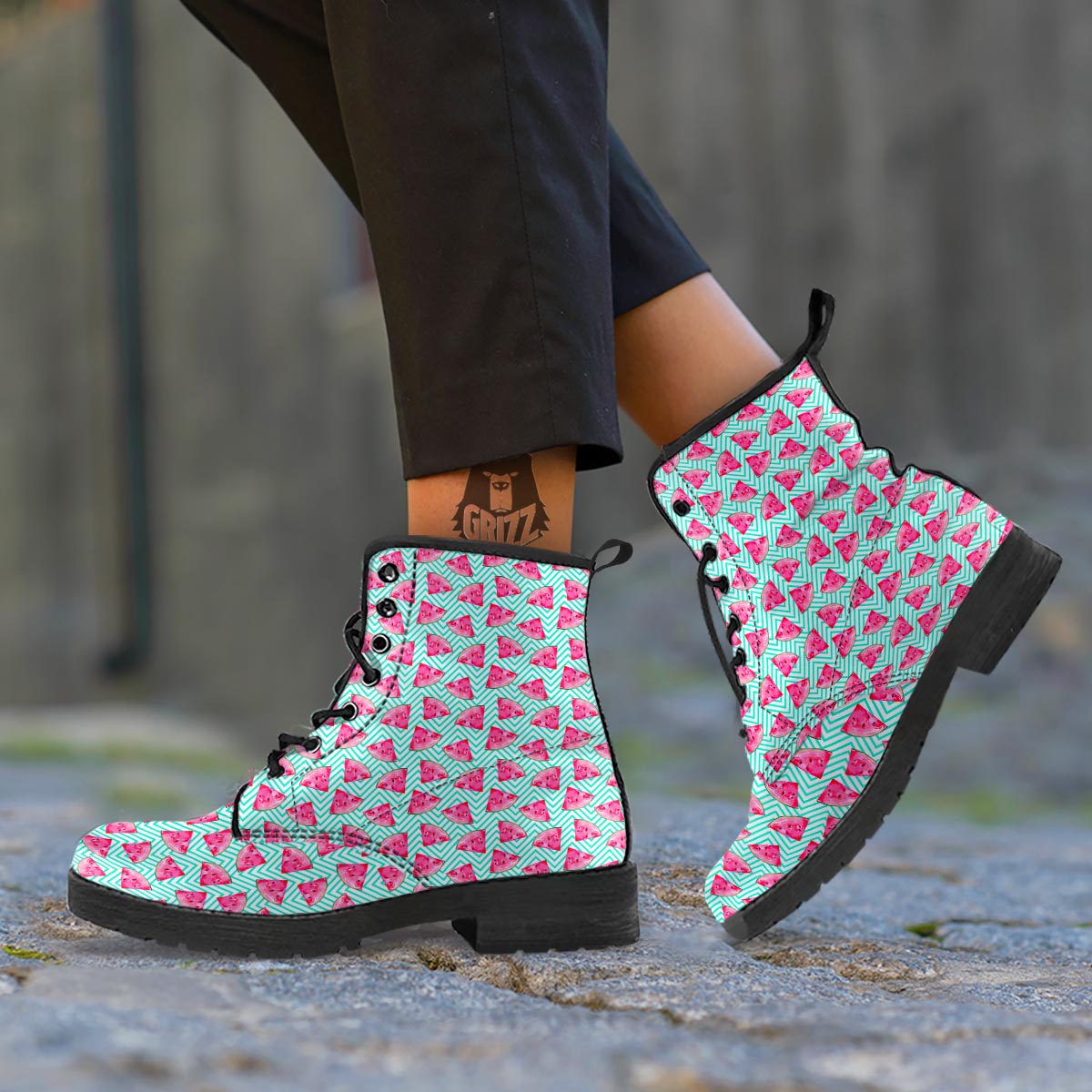 Watermelon Teal Chevron Print Pattern Leather Boots-grizzshop