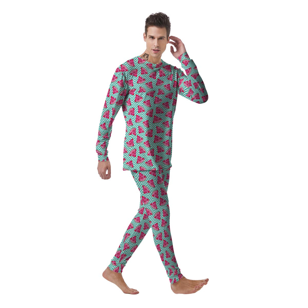 Watermelon Teal Chevron Print Pattern Men's Pajamas-grizzshop