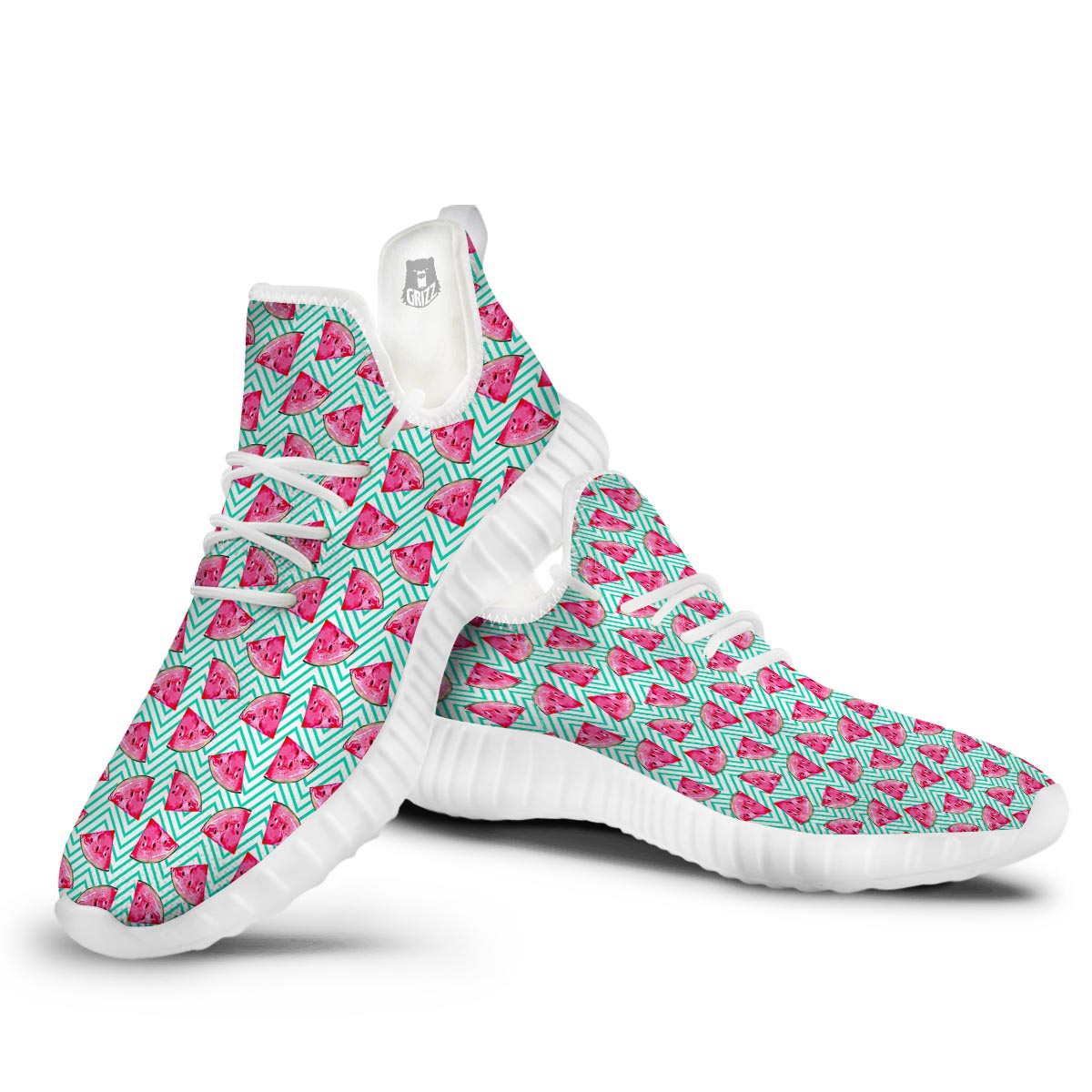 Watermelon Teal Chevron Print Pattern White Walking Shoes-grizzshop