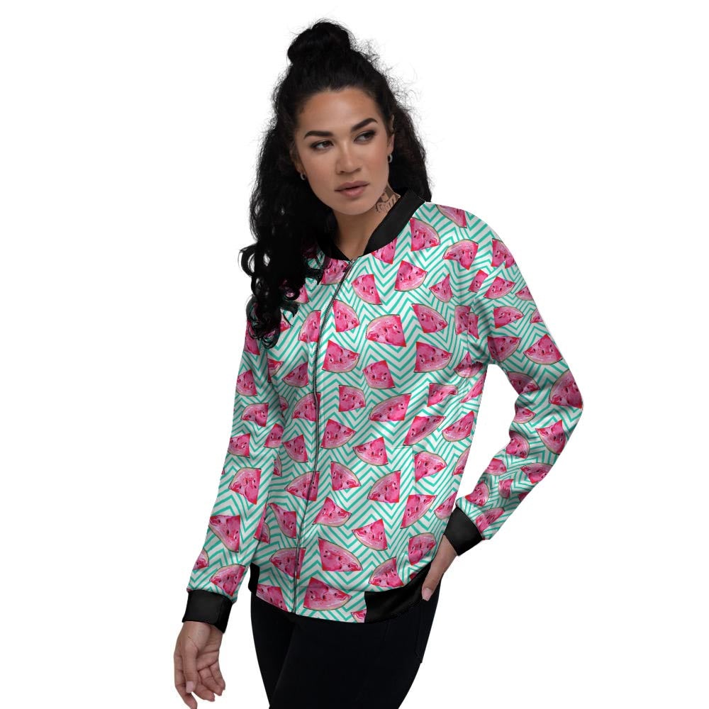 Watermelon Teal Chevron Print Pattern Women's Bomber Jacket-grizzshop